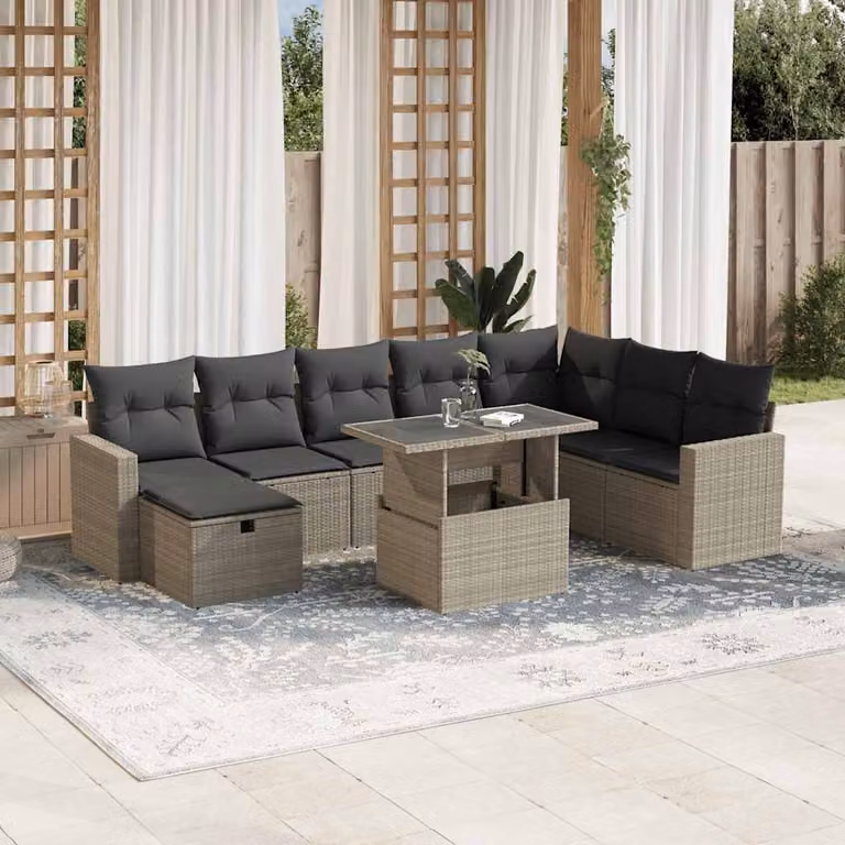 vidaXL Set Divano da Giardino 9pz a Forma di L in Polyrattan Grigio con Cuscini e Tavolino da Caffè