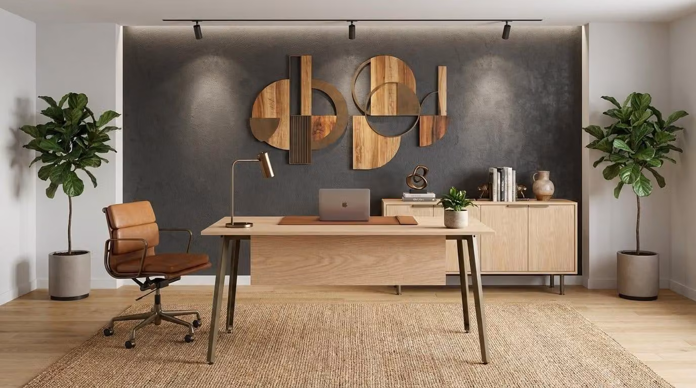 Set per ufficio: scrivania, mobile contenitore, design industriale moderno