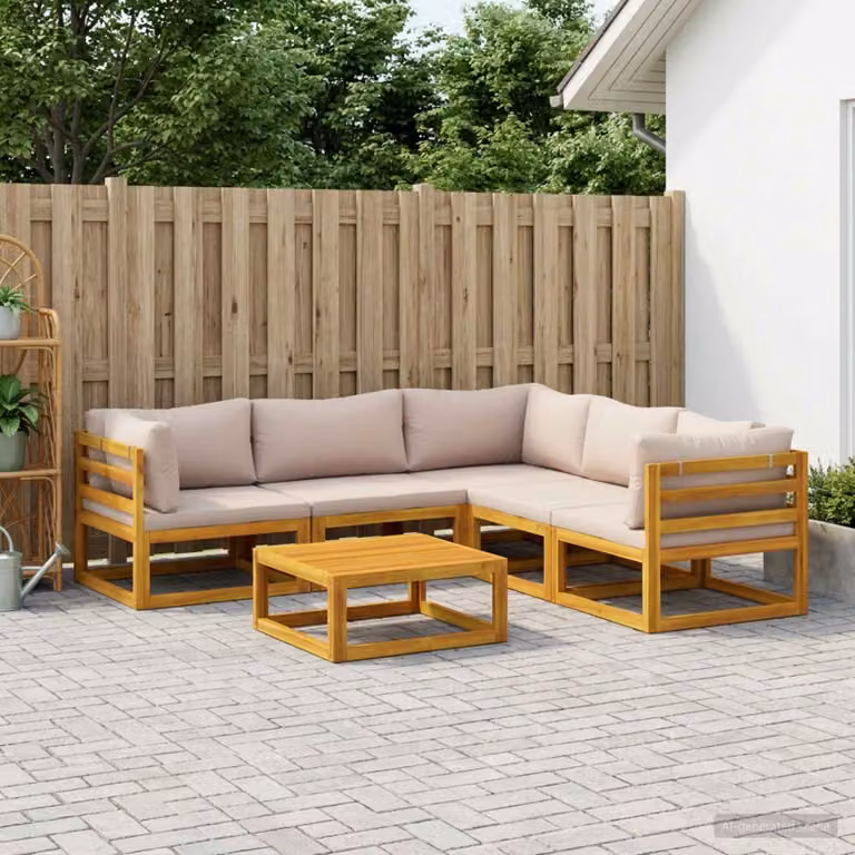 vidaXL Set di divani da giardino 6 pz in legno di acacia massello con cuscini beige e tavolo da caffè, forma a L, resistente alle intemperie