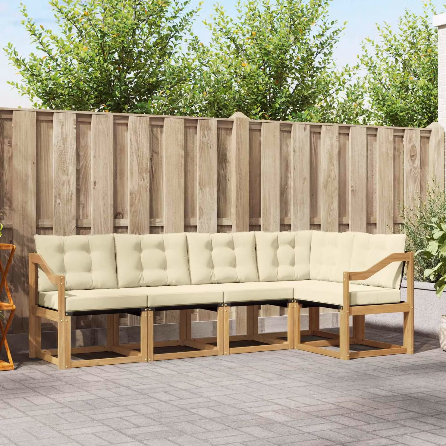 Set di divani da esterno a L vidaXL in legno di acacia con cuscini in textilene, Bianco, Beige e Marrone