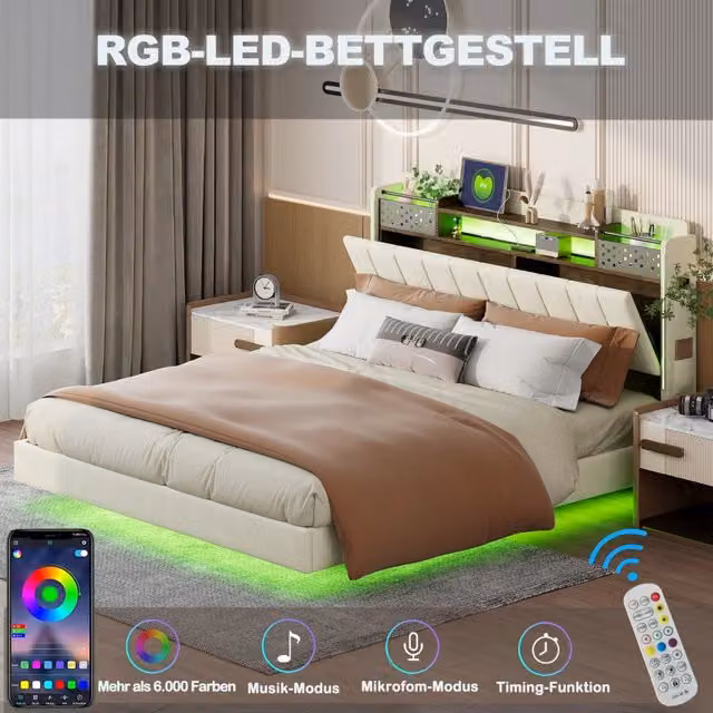 Letto matrimoniale 140 × 200 cm con LED, USB, testiera con vani e contenitore, senza materasso, in lino beige