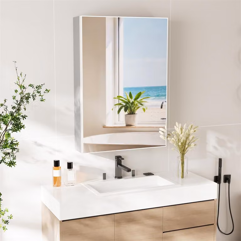 Specchio da bagno con pensile, argento - 50x70 cm - Alluminio - Design moderno