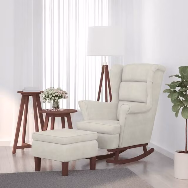 Sedia a dondolo con schienale alto wingback vidaXL in velluto beige con poggiapiedi e struttura in legno massiccio L/P/H: 97 x 78 x 93 cm