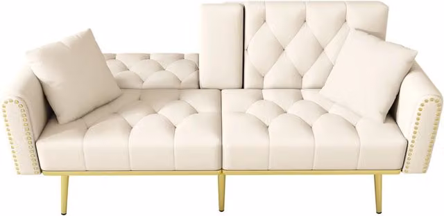 Divano letto doppio pieghevole in velluto beige con 3 posizioni reclinabili e portabicchieri, 175x80x73,5 cm