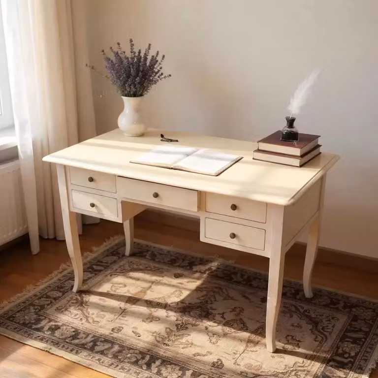 Scrivania in legno di pino stile arte povera con 5 cassetti color avorio Mobili 2G L: 105 cm, P: 56 cm, H: 81 cm
