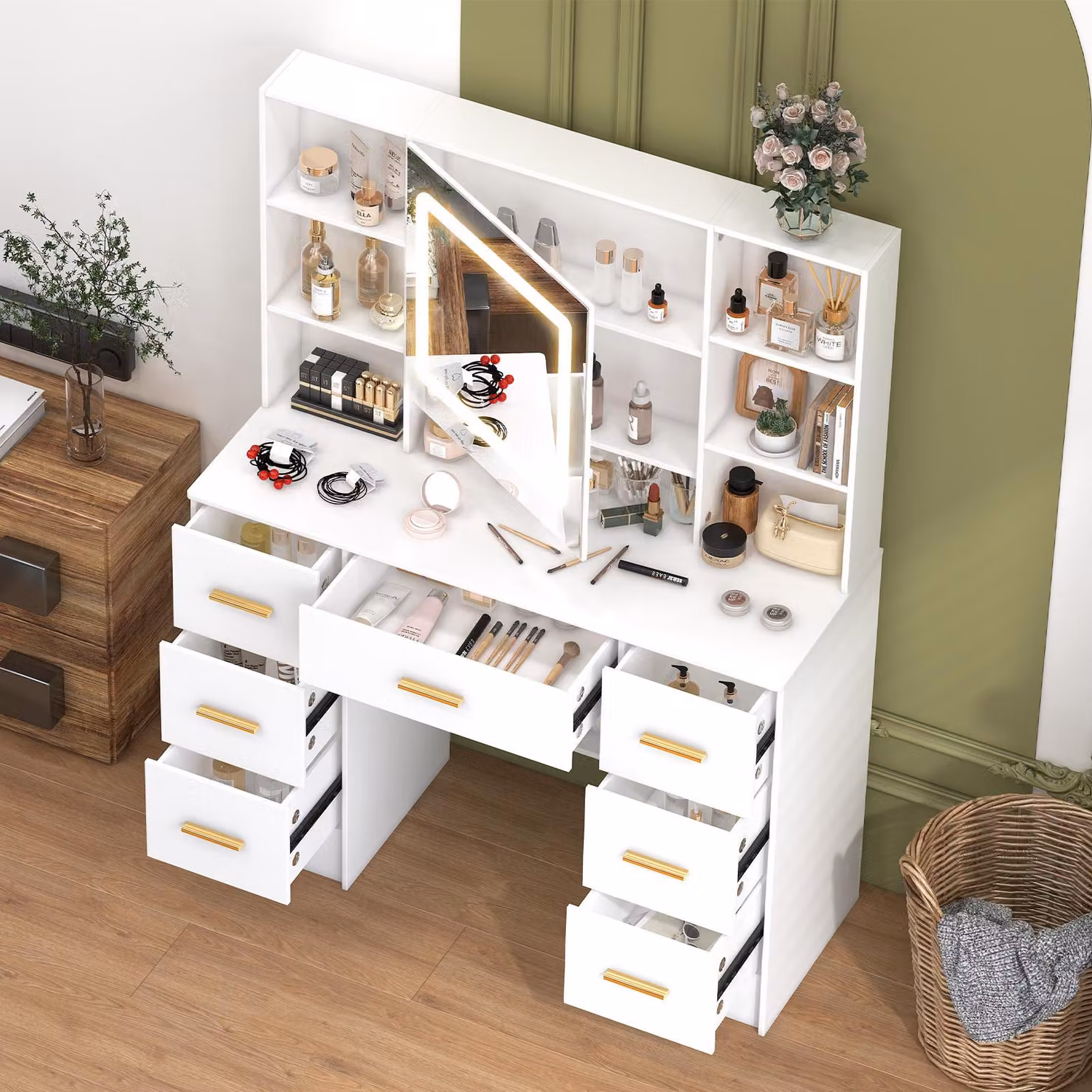 Comò con specchio a LED - Bianco - 7 cassetti - Legno MDF