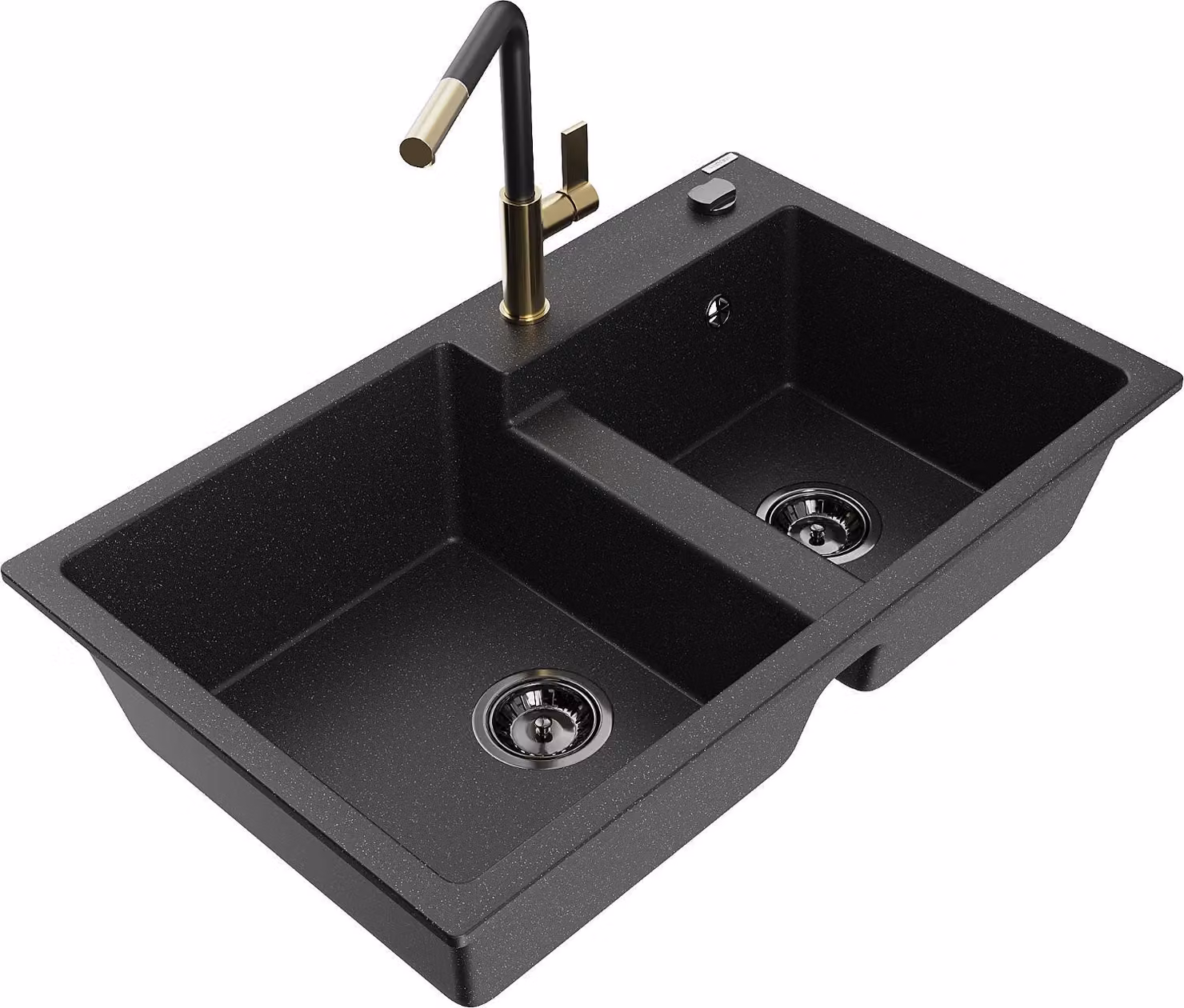 Mexen Tomas lavello da cucina in granito a 2 vasche con rubinetto Flora, nero/argento metallizzato - 6516-73-670401-57-B