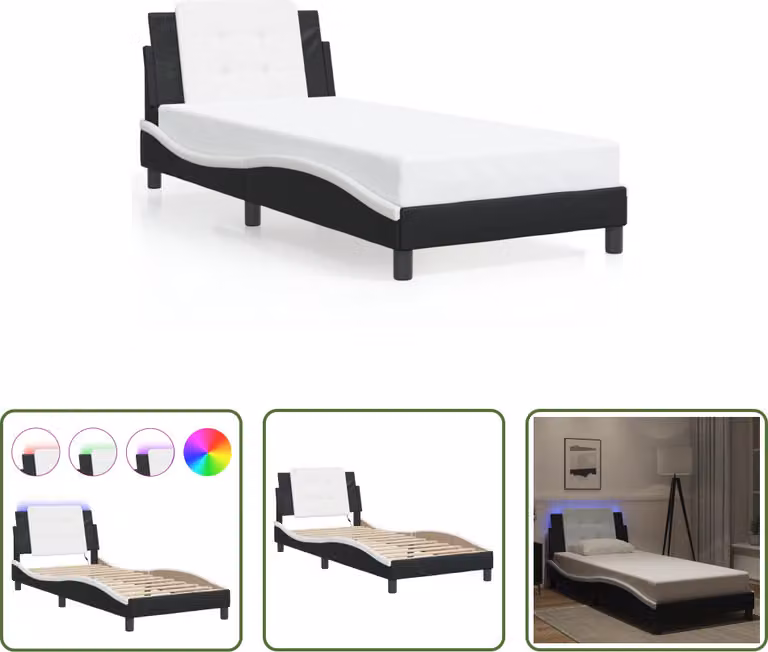 The Living Store Struttura letto con LED bianco e nero 100x200 cm in ecopelle