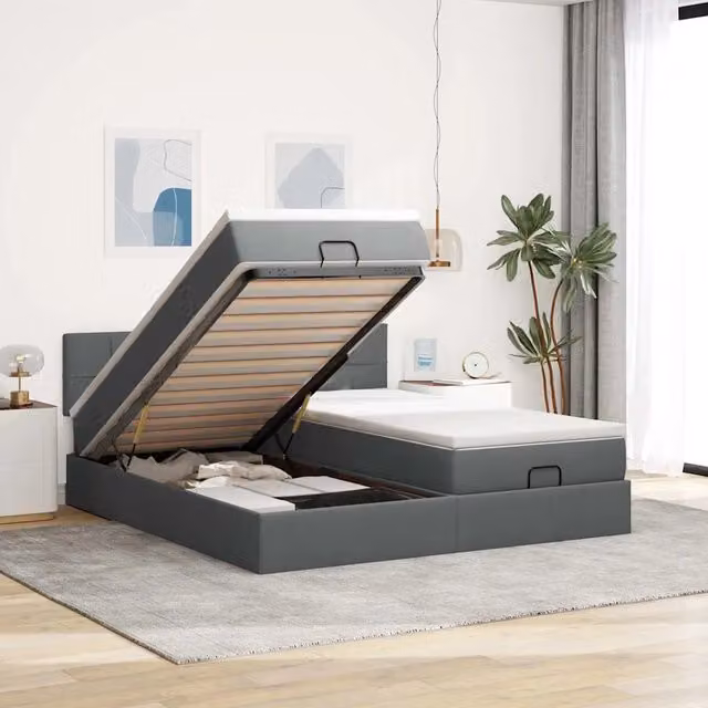 Letto con contenitore a sollevamento vidaXL in tessuto grigio e bianco L: 180 cm, P: 200 cm, H: 88 cm