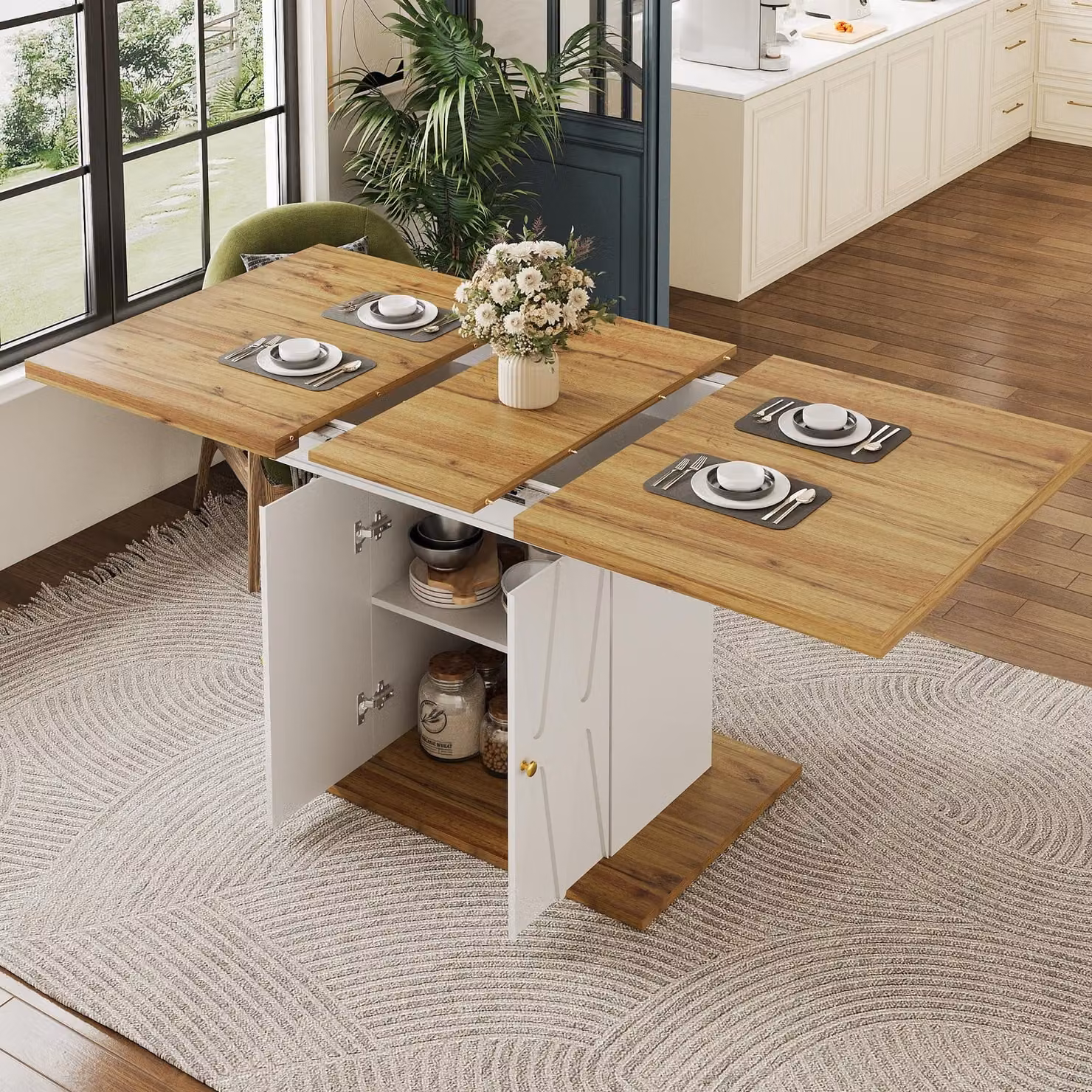 Tavolo allungabile MODFU per cucina e soggiorno, tavolo da pranzo con impiallacciatura in legno e decorazioni in rilievo, tavolo con spazio contenitivo integrato e sistema allungabile, disponibile in bianco e legno
