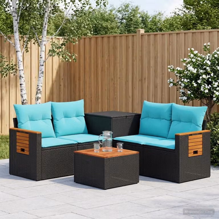 Set di divani da giardino vidaXL a forma di L composto da 6 pezzi in polyrattan con struttura in metallo e cuscini inclusi, colori nero, blu e turchese