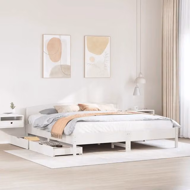 Giroletto senza Materasso-Struttura Letto Bianco 200x200 cm Legno Massello Pino 148323