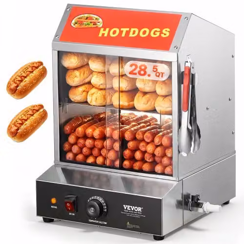 Macchina per Hot Dog a Vapore Vevor da 27L con 2 Ripiani, Scaldatrice Elettrica in Acciaio Inox e Vetro Color Argento con Controllo Temperatura e Funzione Mantenimento Calore