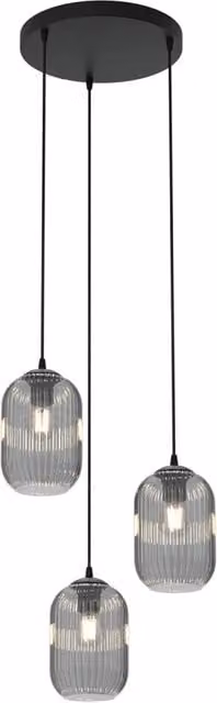Lampadario a sospensione Luceart-Classic con 3 luci, base tonda in acciaio nero e vetri plissettati fumè grigi – 1
