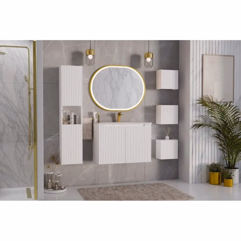 Colonna da bagno Meublorama VANO bianca con 2 ante e nicchia con illuminazione LED, da appendere, L30 x H140 x P25 cm – 2