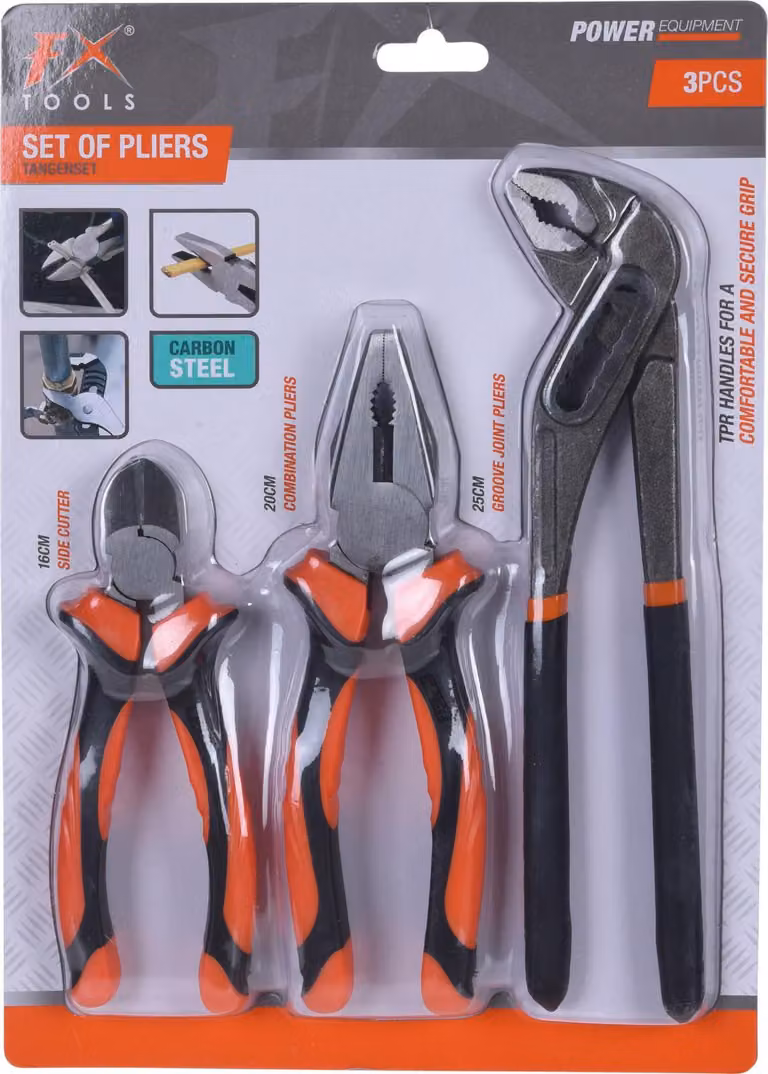 FXTools | Set di pinze | 3 pezzi - Tronchesi, pinza multifunzione, pinza a becchi lunghi