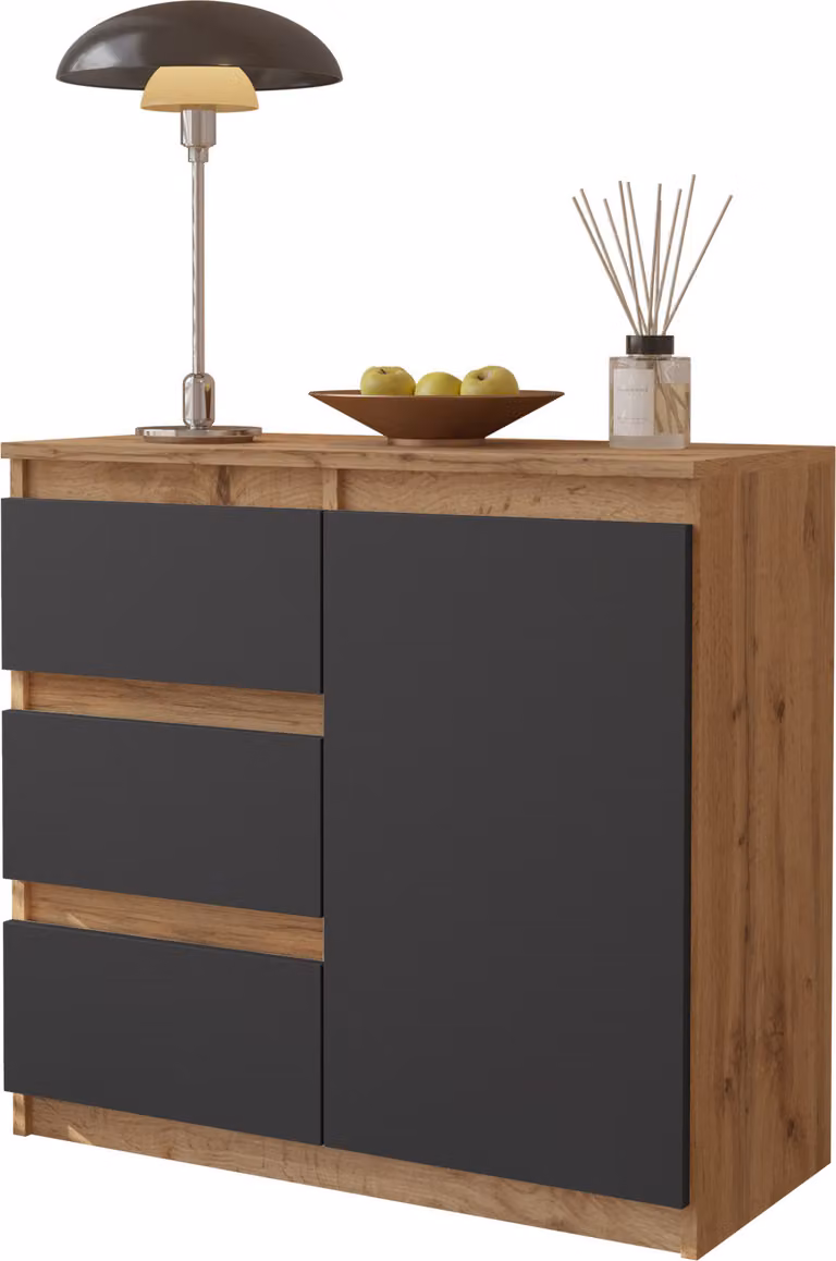 FURNICA - MIKEL - Cassettiera / credenza con 3 cassetti e 1 anta - rovere Wotan / grigio antracite H75cm L80cm P35cm