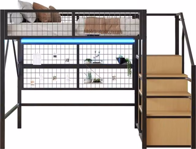 Letto a soppalco 140x200 cm in metallo con scala contenitore; rete di sicurezza e LED APP nero