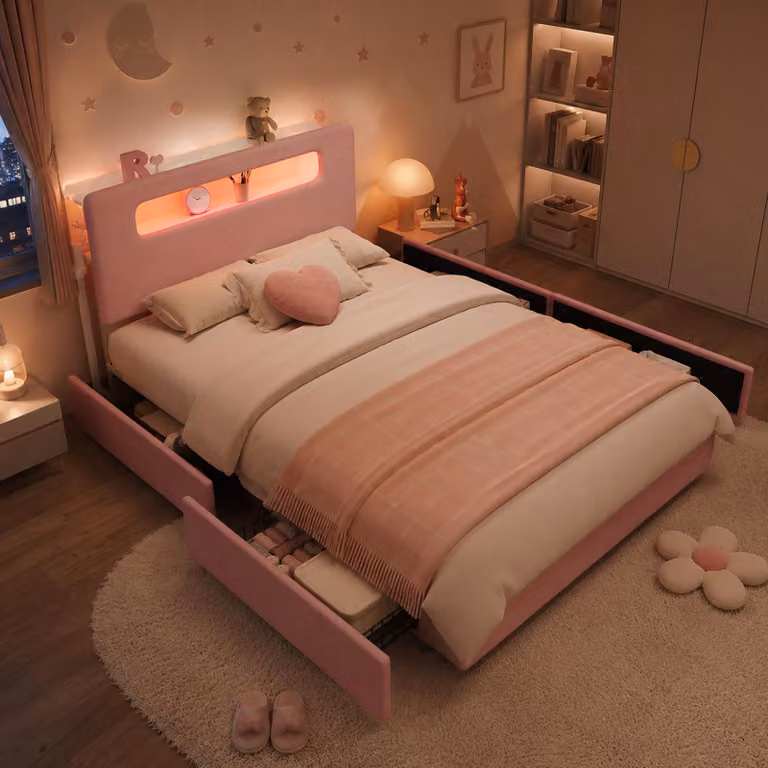 Letto imbottito MODFU, 140 x 200 cm, letto per ragazzi con 4 cassetti, letto per bambini, letto a due piazze con spazio contenitivo aperto nella testiera e illuminazione LED, senza materasso, colore rosa