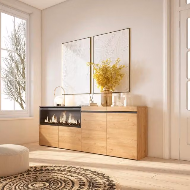 Credenza, Mobile, 208x35x75cm, 4 Porte, Camino elettrico XXL, colore Rovere RF3225
