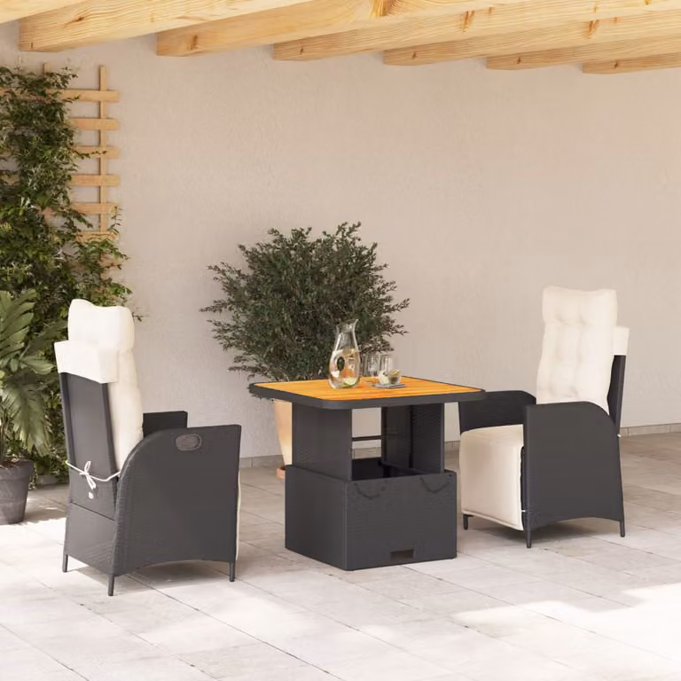 Set da Pranzo da Giardino 3 pz vidaXL in Polyrattan e Legno di Acacia Nero e Marrone con Cuscini