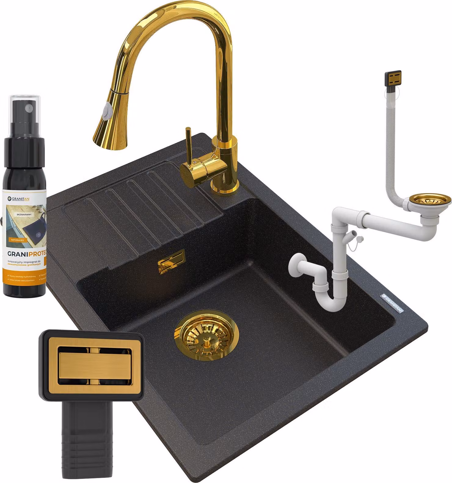 Granitan - Lavello in granito - Lavello da cucina - 62x44x18 cm - Nero - con rubinetteria SNAKE GOLD e sifone dorato