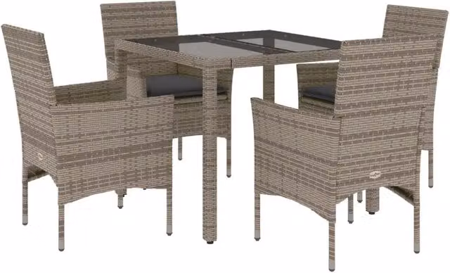 Set da Pranzo da Giardino 5 Pezzi in Polyrattan Grigio con Tavolo in Vetro e Cuscini