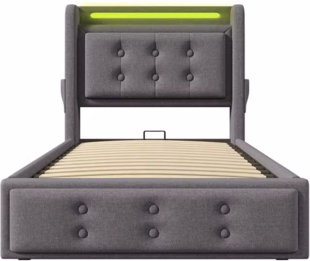 Letto singolo imbottito 90x200 cm con testiera in tessuto grigio, funzione di ricarica USB-C, struttura in legno e metallo, capacità 150 kg (senza materasso)