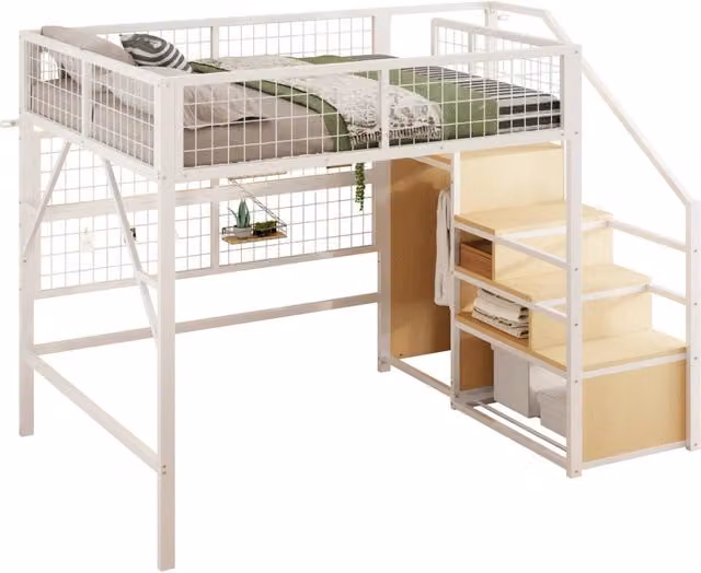 Letto a soppalco 140x200 cm con scala contenitore e LED controllabile via app; bianco