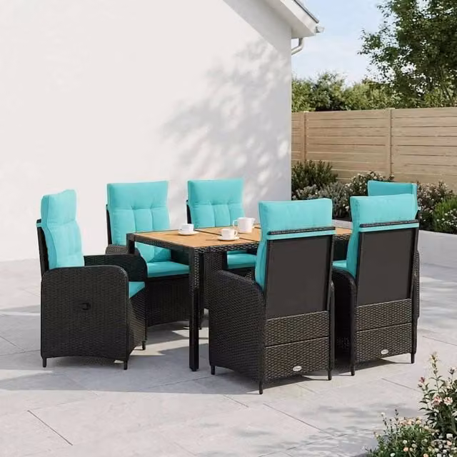 Set da pranzo per esterni vidaXL in polyrattan e legno di acacia con 7 pezzi e cuscini color turchese