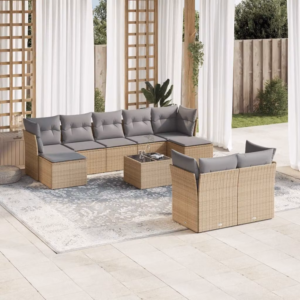 vidaXL Set Divano da Giardino 10 pz in Polyrattan Beige con Cuscini Imbottiti e Tavolino – 1
