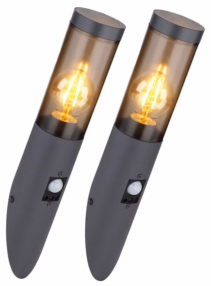 2 lampade da parete, design a torcia, colore antracite fumo, altezza 41 cm