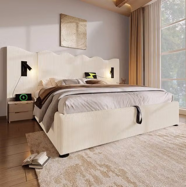 Letto matrimoniale contenitore ULEVR 180x200 cm con luci da lettura girevoli, 2 USB e 2 Type-C, velluto a coste beige-bianco