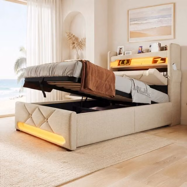 Letto 90x200 cm con contenitore, LED, USB-C e materasso in lino beige