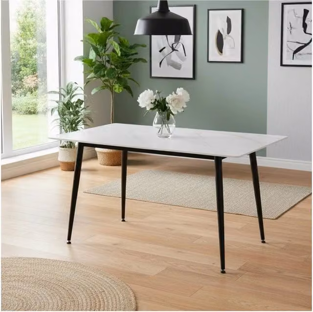 Tavolo da Pranzo Kilo 140×80 cm in Ceramica Effetto Marmo Bianco opaco e Gambe Nere