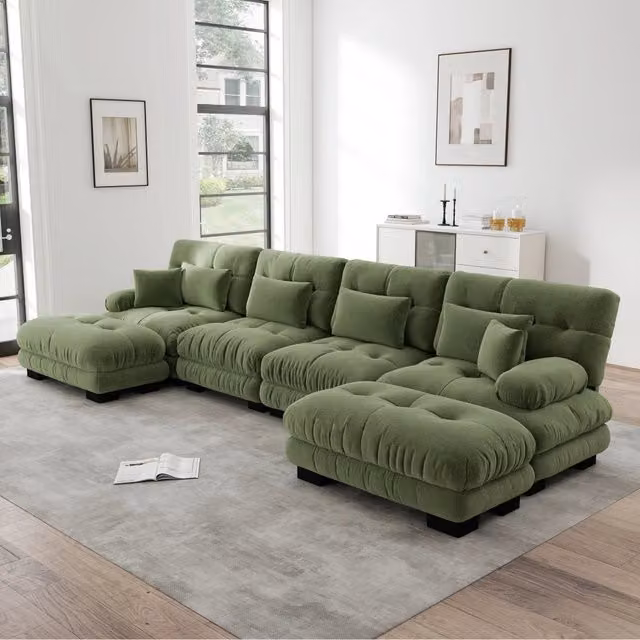Divano modulare 406.0x145.0x81.0 cm con pouf mobili in ciniglia verde