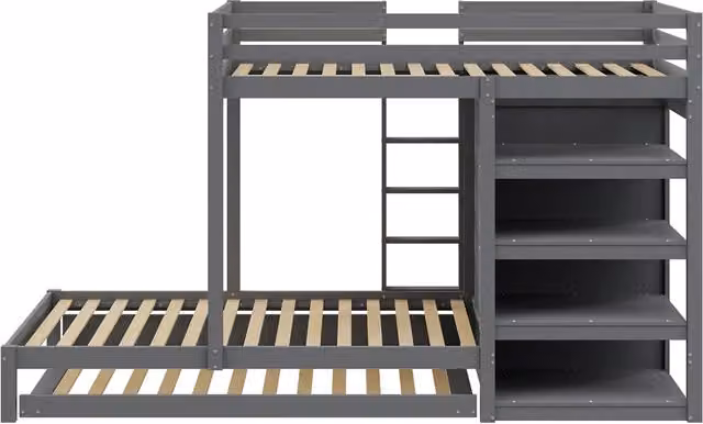 Letto a castello 90x200 cm con letto estraibile; armadio e cassetti; grigio