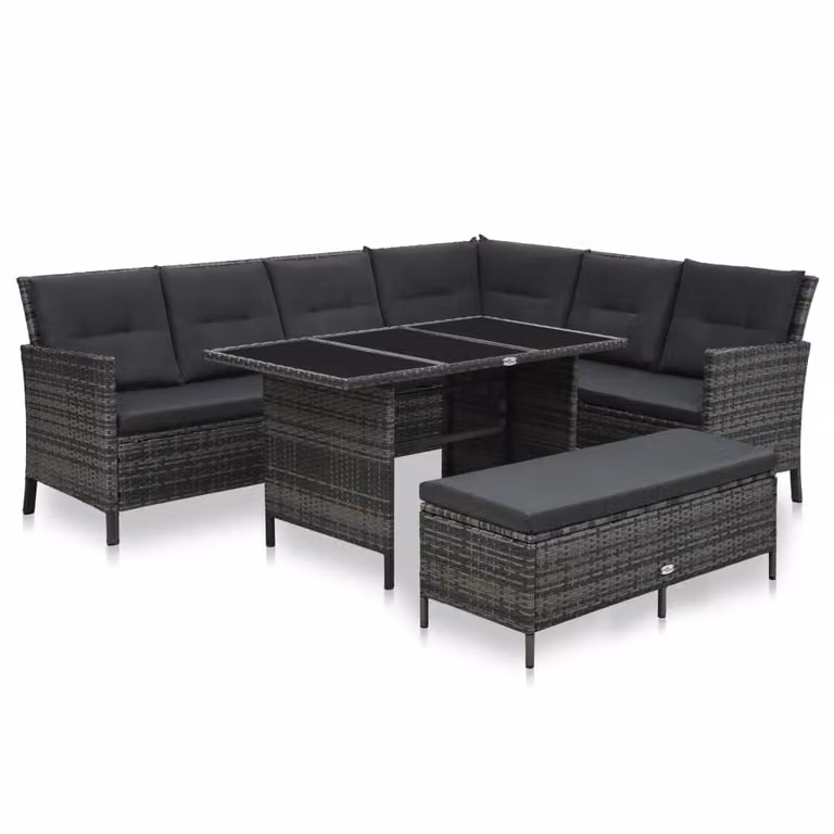 The Living Store Set da giardino 3 pezzi con cuscini in poly rattan grigio