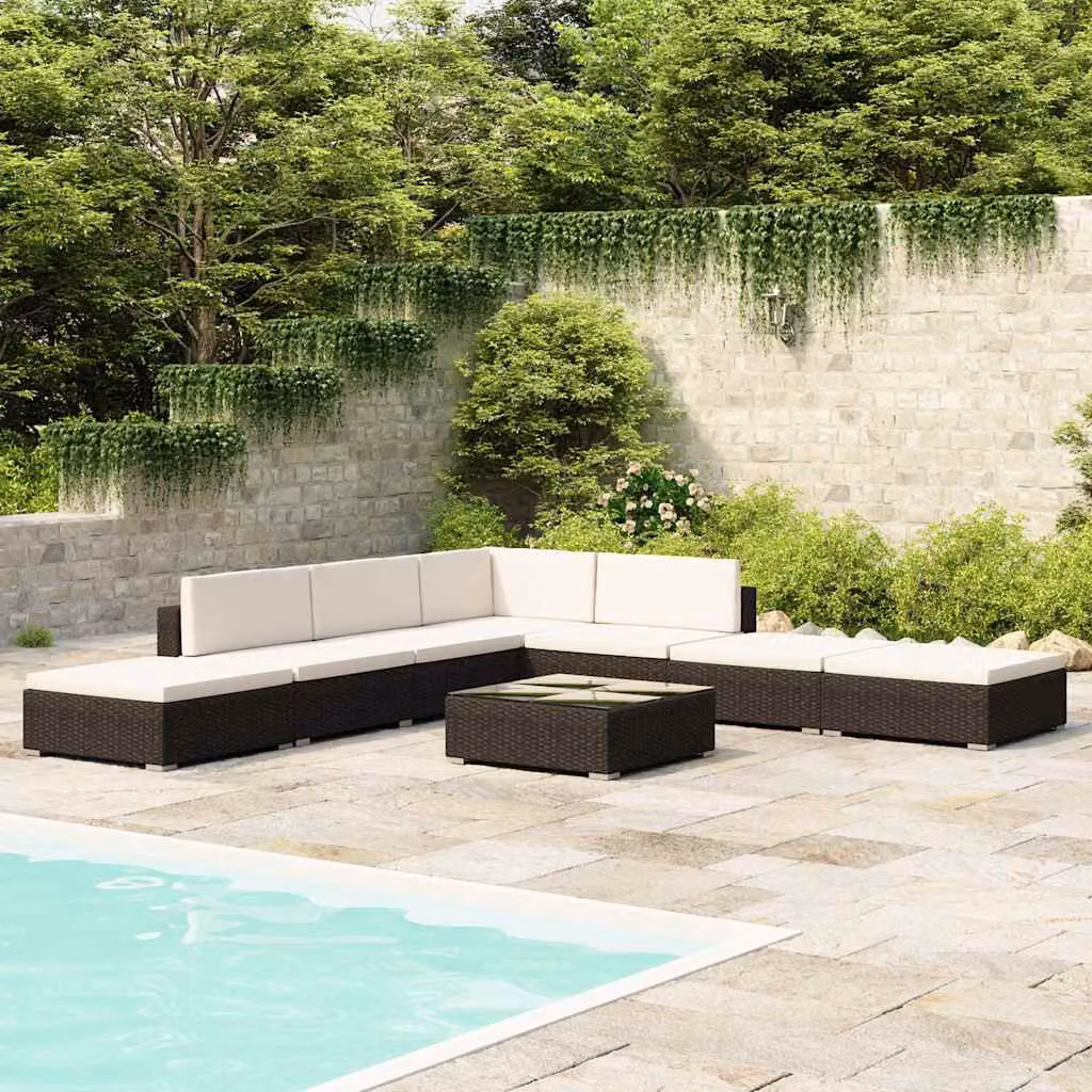 Set Divani da Giardino vidaXL 8 pz a Forma a L con Tavolino e Cuscini, Polyrattan Nero e Struttura in Acciaio Verniciato a Polvere