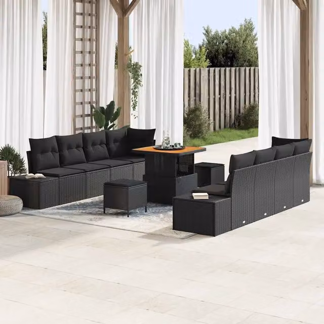 Set Divano da Giardino Moderno vidaXL a Forma a U con Tavolino, Ottoman e Cuscini, Colore Nero