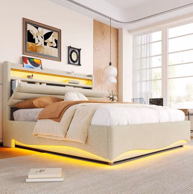 Letto imbottito 140x200 cm con LED e vano contenitore; lino beige (Senza materasso)