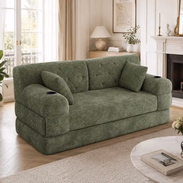 Divano letto 168x80x81 cm con schienale alto; 4 tasche e 2 portabicchieri in velluto a coste verde