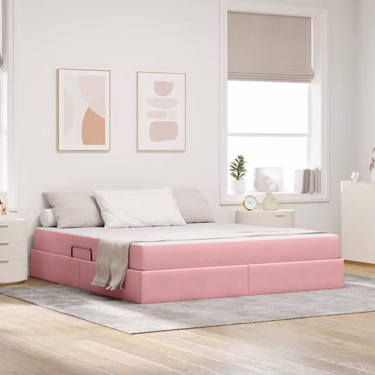 Letto con contenitore e materasso ibrido vidaXL in velluto rosa L: 180 cm, P: 200 cm, H: 280 cm