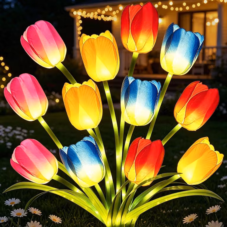 Set di 4 lampade a forma di tulipano solari, con LED, grado di protezione IP65, ideali per giardino e terrazza