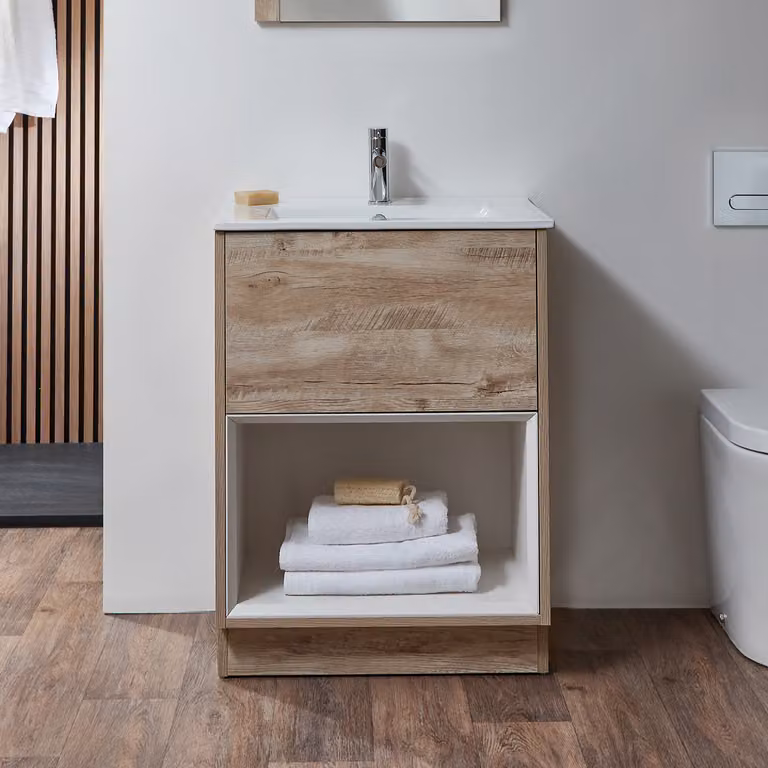 Mobile Bagno Con Ripiano Aperto 610mm Rovere Chiaro - Lavabo Integrato