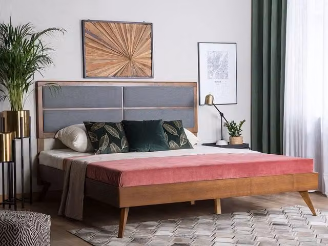 Letto Beliani moderno in frassino scuro con testiera imbottita in tessuto e rete a doghe, L/P/H: 160 x 200 x 102 cm