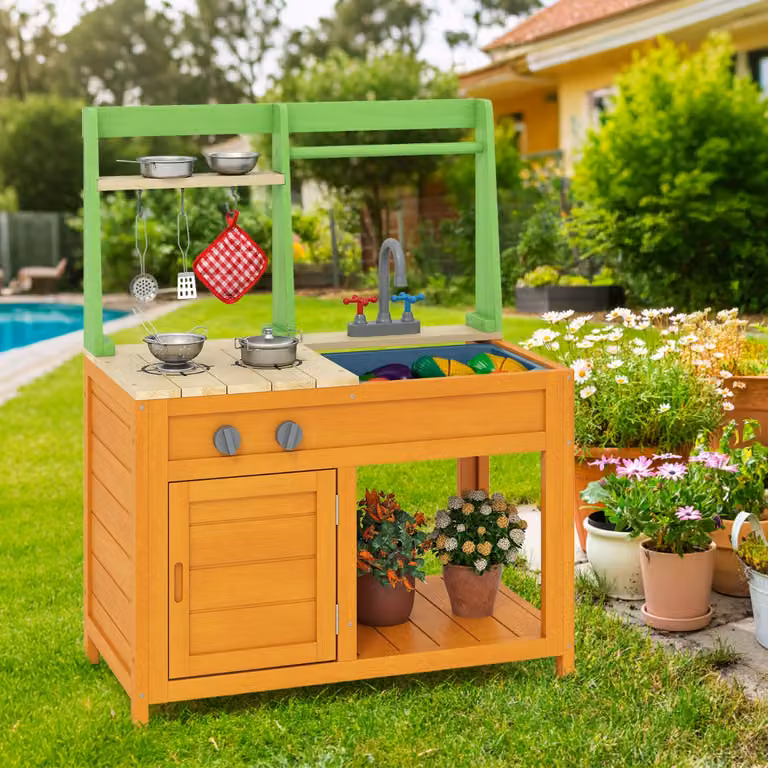 Cucina giocattolo in legno Costway con fornelli realistici per bambini dai 3 anni, colore giallo e multicolore