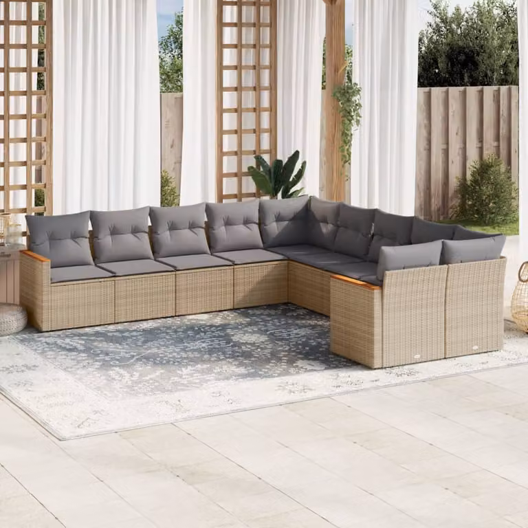 vidaXL Set Divano da Giardino a L 10 pz con Cuscini Beige e Grigio in Polyrattan e Acciaio Verniciato a Polvere