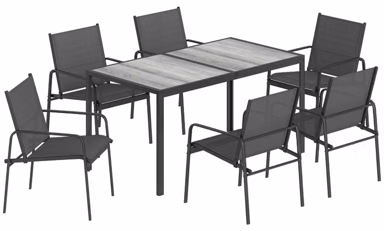 Set da giardino composto da 7 pezzi, con tavolo e 6 sedie. Colore: nero. Dimensioni: 80x150x74 cm