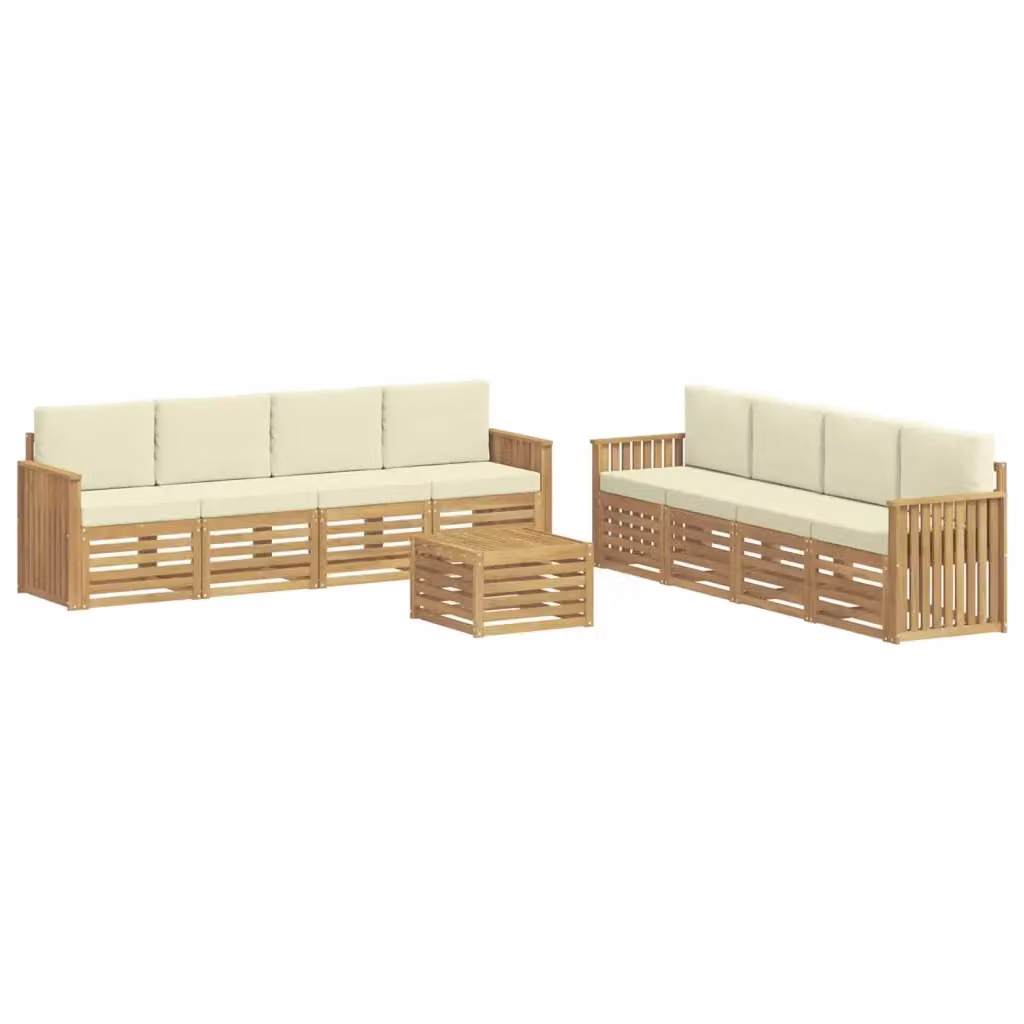 Set di mobili da giardino vidaXL composto da 9 pezzi con divani, tavolino da caffè e cuscini in tessuto resistente ai raggi UV, colore bianco e beige, struttura in legno di acacia trattato – 2